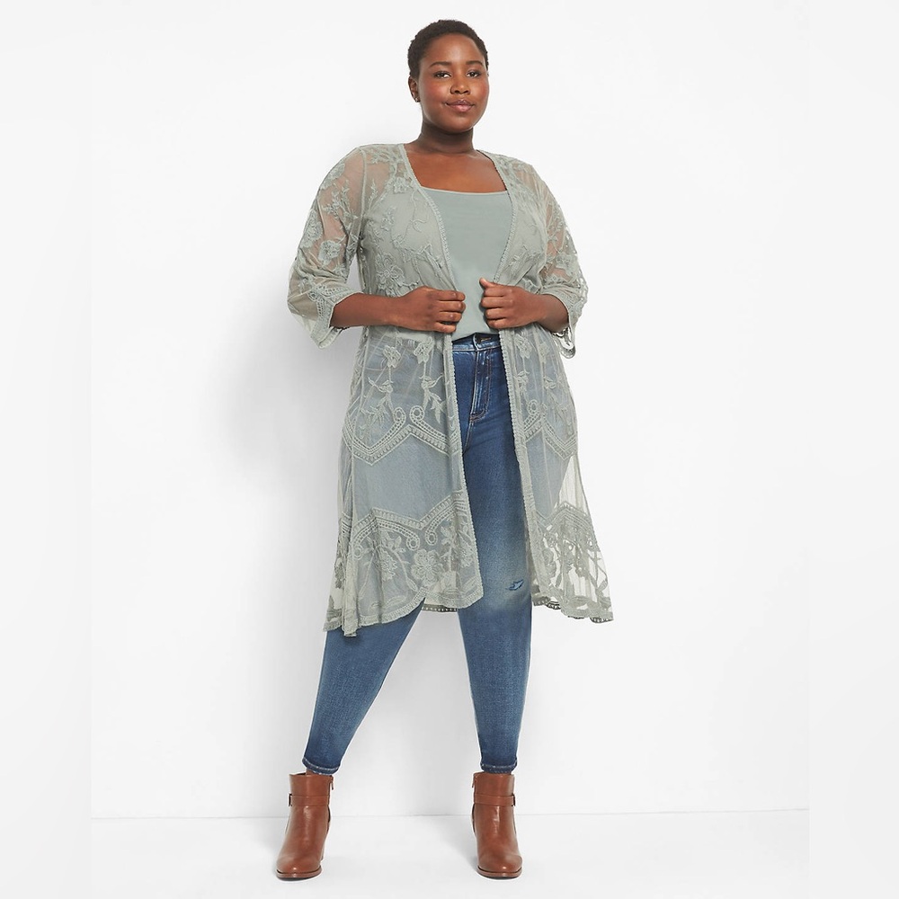 Lane Bryant Green Lace Sheer Floral Embroidered Mesh Kimono Swim Cover Up 14/16